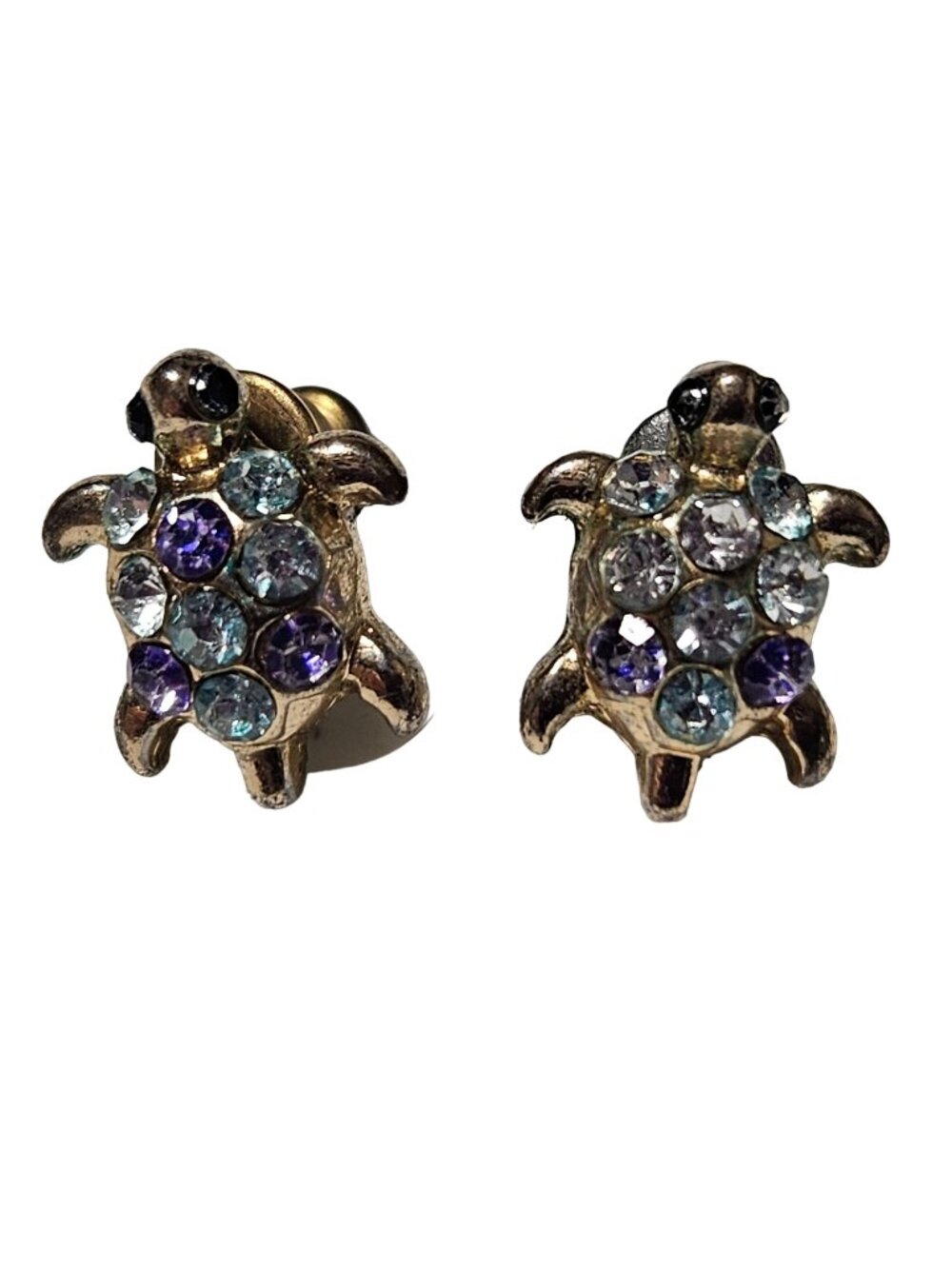 Gem Turtle Earrings Purple Blue Clear Rhinestone Tortoise Gold Tone Stud Jewelry